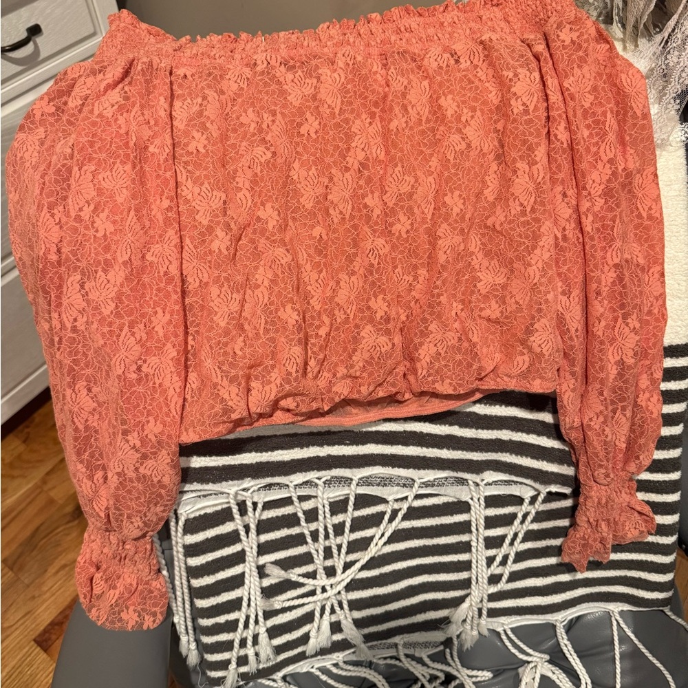 Free People Lace Off-Shoulder Blouse - Coral